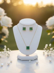 Conjunto Colar Brinco Quadrado Pedra Fusion Verde Folheado A Ouro 18 K
