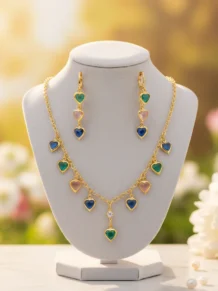 Conjunto Choker E Brinco Corações Folheado A Ouro 18k