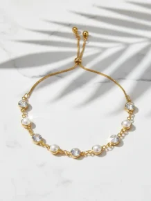 Pulseira Madrinha Com Pérolas E Cristal Folheado A Ouro 18K
