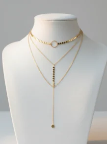 Conjunto Choker E Colar Duplo Longo Medalhinhas Folheado A Ouro 18k