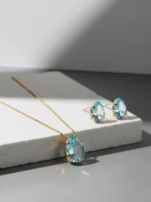 Conjunto Colar E Brinco Gota Pedra Azul Claro Folheado Ouro 18k