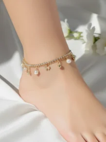 Tornozeleira Dupla com Pingentes de Pérolas e bolinhas Folheado A Ouro 18k