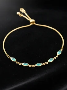 Pulseira Madrinha Pedra Navete Verde Folheado A Ouro 18k