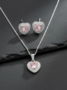 Conjunto Colar E Brinco Zircônia Coração Folheado A Prata 1000