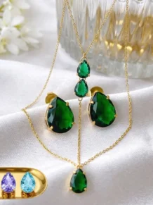Colar Gravata Pedra de Gota Verde Folheado A Ouro 18k - Premium