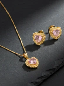 Conjunto Colar E Brinco Zircônia Coração Folheado A Ouro18k