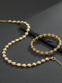 Conjunto Colar + Pulseira Coração Pérola Folheado A Ouro 18k