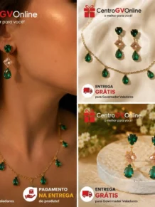 Conjunto Choker Com Pedra Gota Verde e Brinco Gota Folheado A Ouro 18k