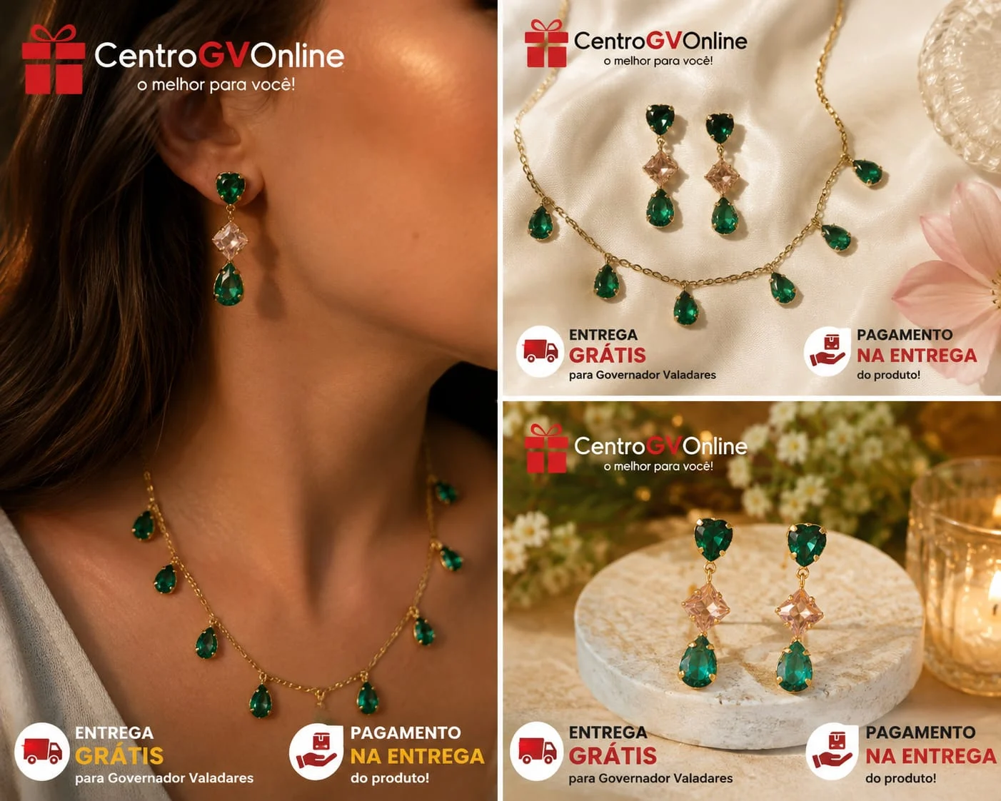 Conjunto Choker Com Pedra Gota Verde e Brinco Gota Folheado A Ouro 18k