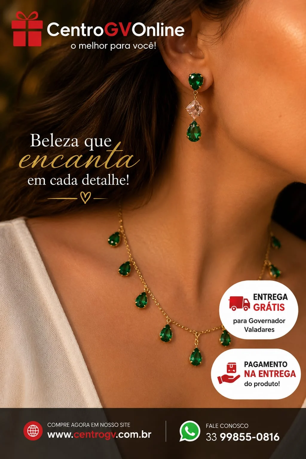 Conjunto Choker Com Pedra Gota Verde e Brinco Gota Folheado A Ouro 18k - Imagem 2