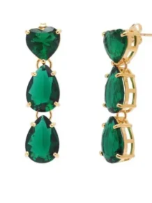 Brinco Pedra Fusion Verde Coração Gota Folheado Ouro 18k