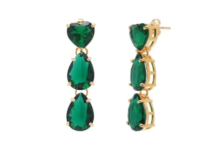 Brinco Pedra Fusion Verde Coração Gota Folheado Ouro 18k