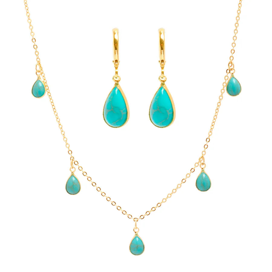 Conjunto Brinco E Colar Pingentes Gotas Turquesa Folheado A Ouro 18k - Imagem 2