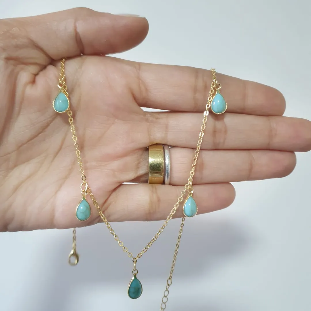 Conjunto Brinco E Colar Pingentes Gotas Turquesa Folheado A Ouro 18k - Imagem 4