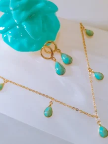 Conjunto Brinco E Colar Pingentes Gotas Turquesa Folheado A Ouro 18k
