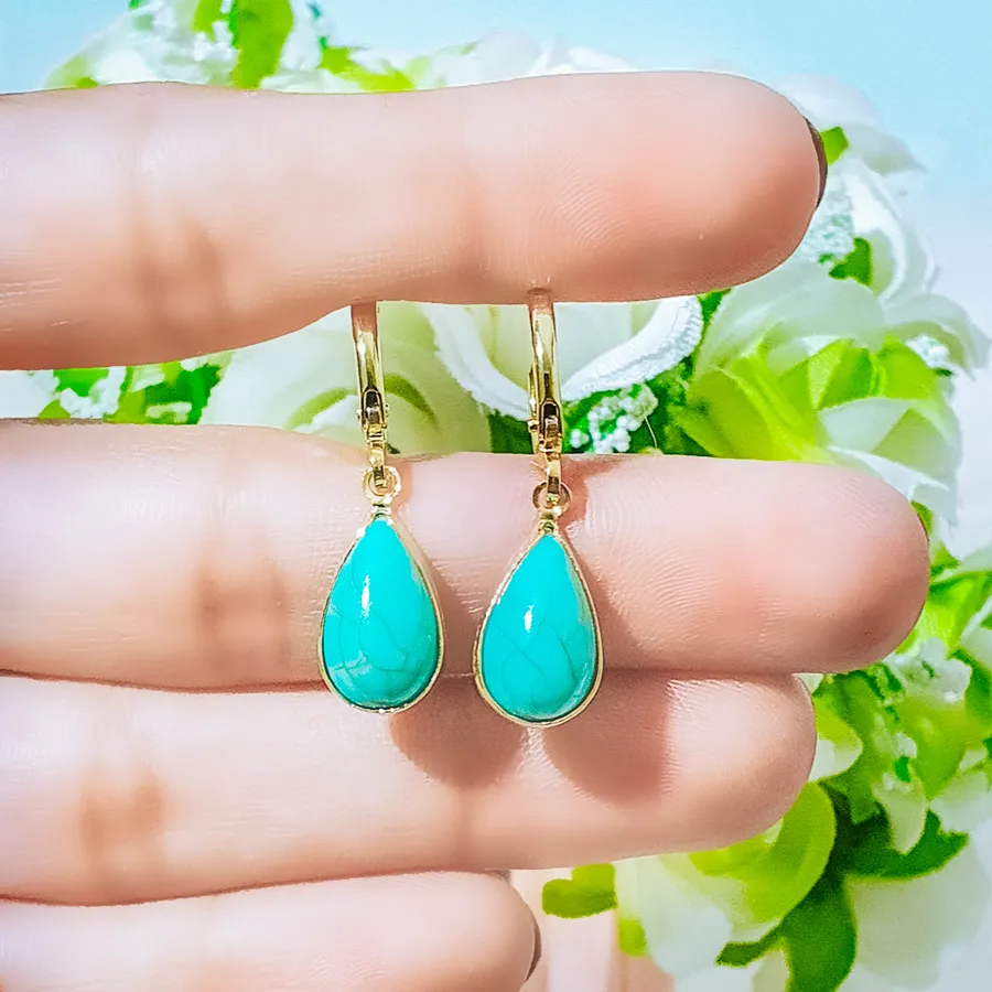 Conjunto Brinco E Colar Pingentes Gotas Turquesa Folheado A Ouro 18k - Imagem 5