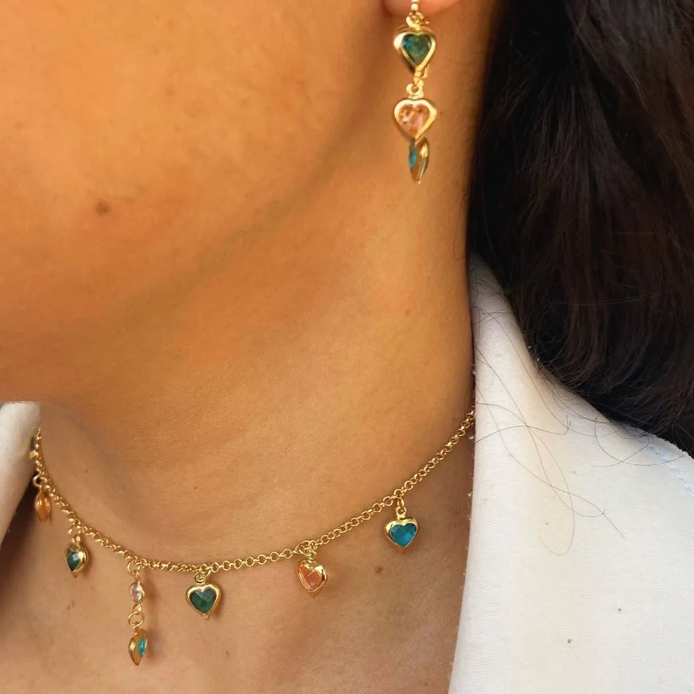 Conjunto Choker E Brinco Corações Folheado A Ouro 18k - Imagem 6