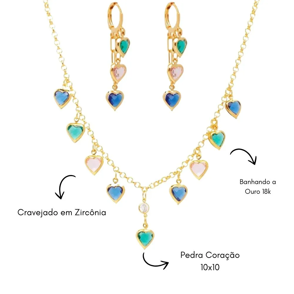 Conjunto Choker E Brinco Corações Folheado A Ouro 18k - Imagem 4
