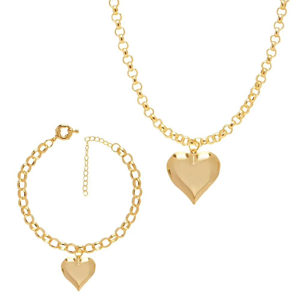 Conjunto Choker e Pulseira Coração Chapa Folheado A Ouro 18k - Imagem 3