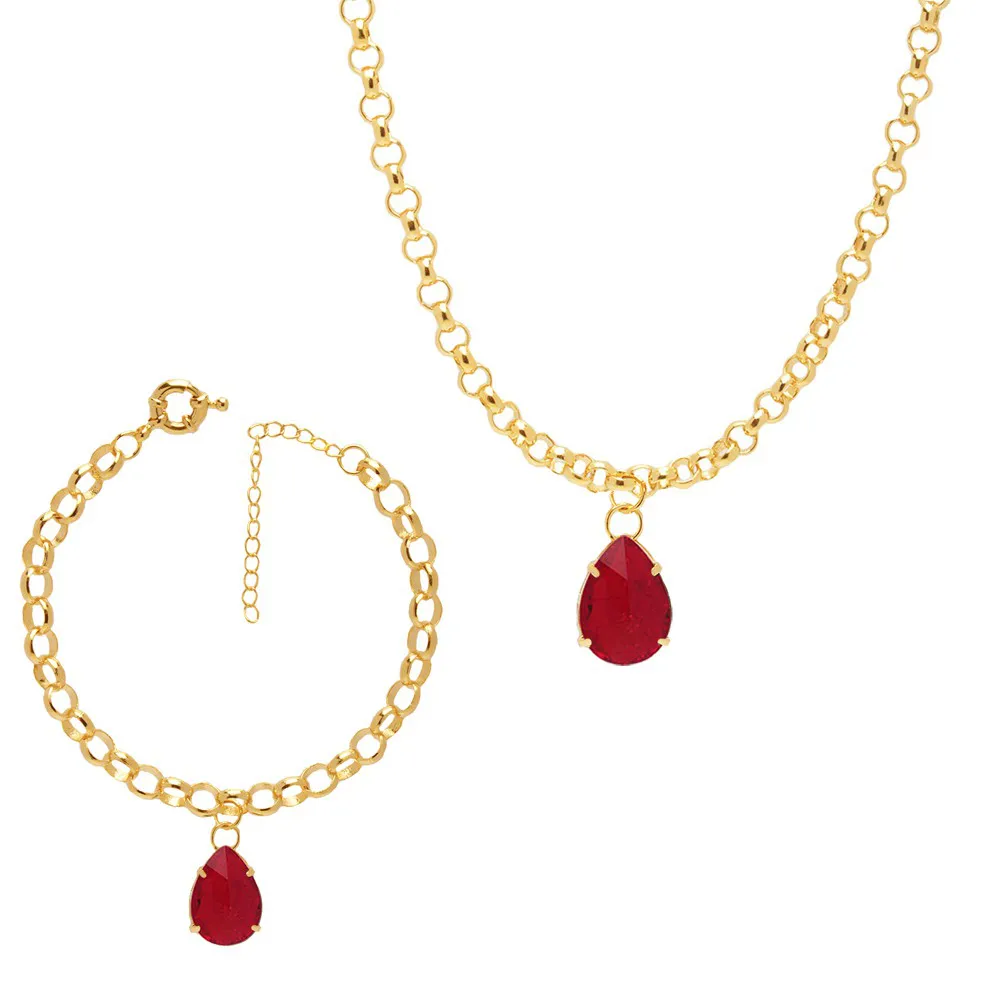 Conjunto Choker E Pulseira Pedra Fusion Rubi Folheado A Ouro 18k - Imagem 3