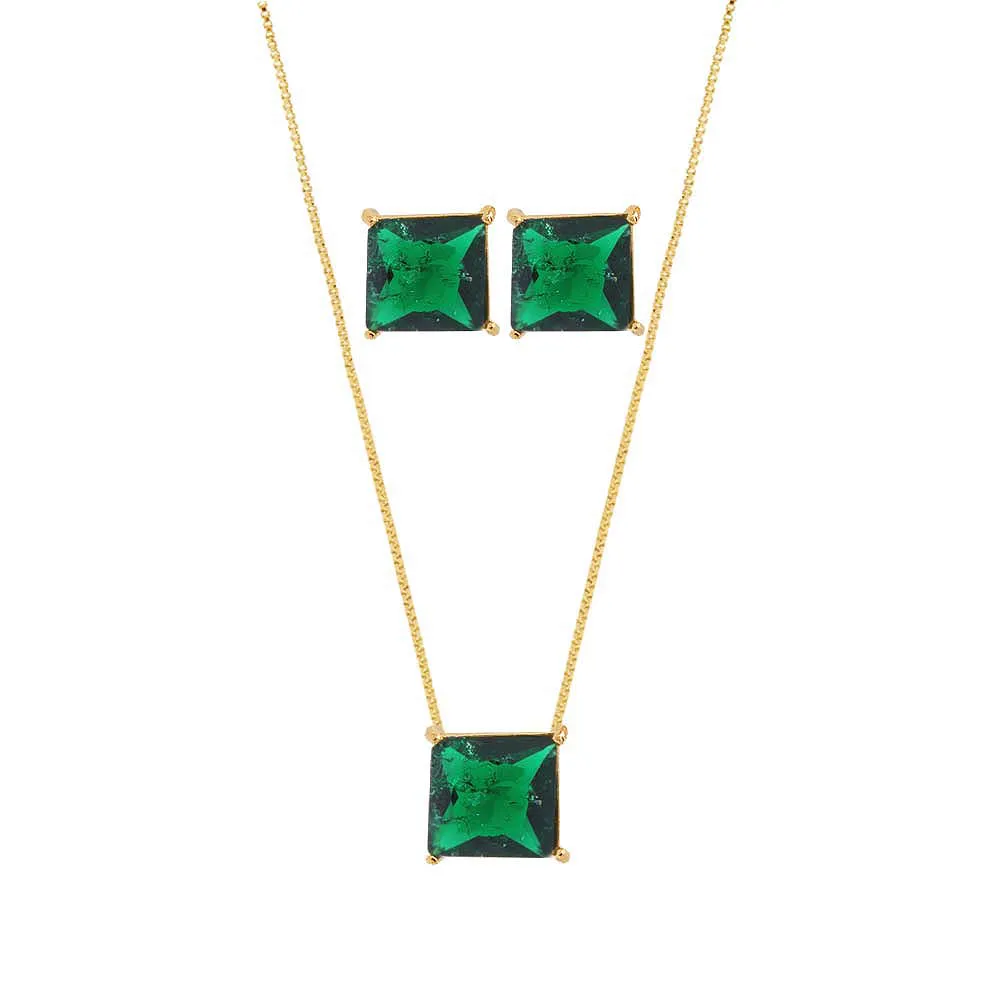 Conjunto Colar Brinco Quadrado Pedra Fusion Verde Folheado A Ouro 18 K - Imagem 2