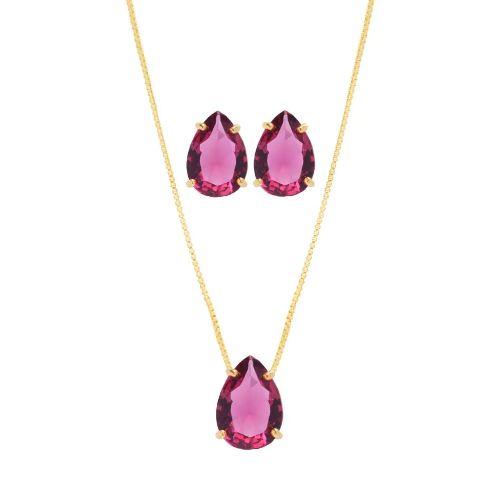 Conjunto Colar E Brinco Gota Pedra Fusion Pink Folheado A Ouro 18k - Imagem 3