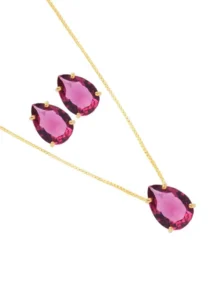 Conjunto Colar E Brinco Gota Pedra Fusion Pink Folheado A Ouro 18k