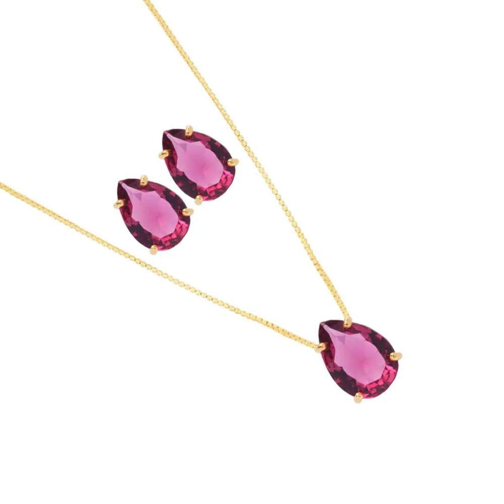 Conjunto Colar E Brinco Gota Pedra Fusion Pink Folheado A Ouro 18k