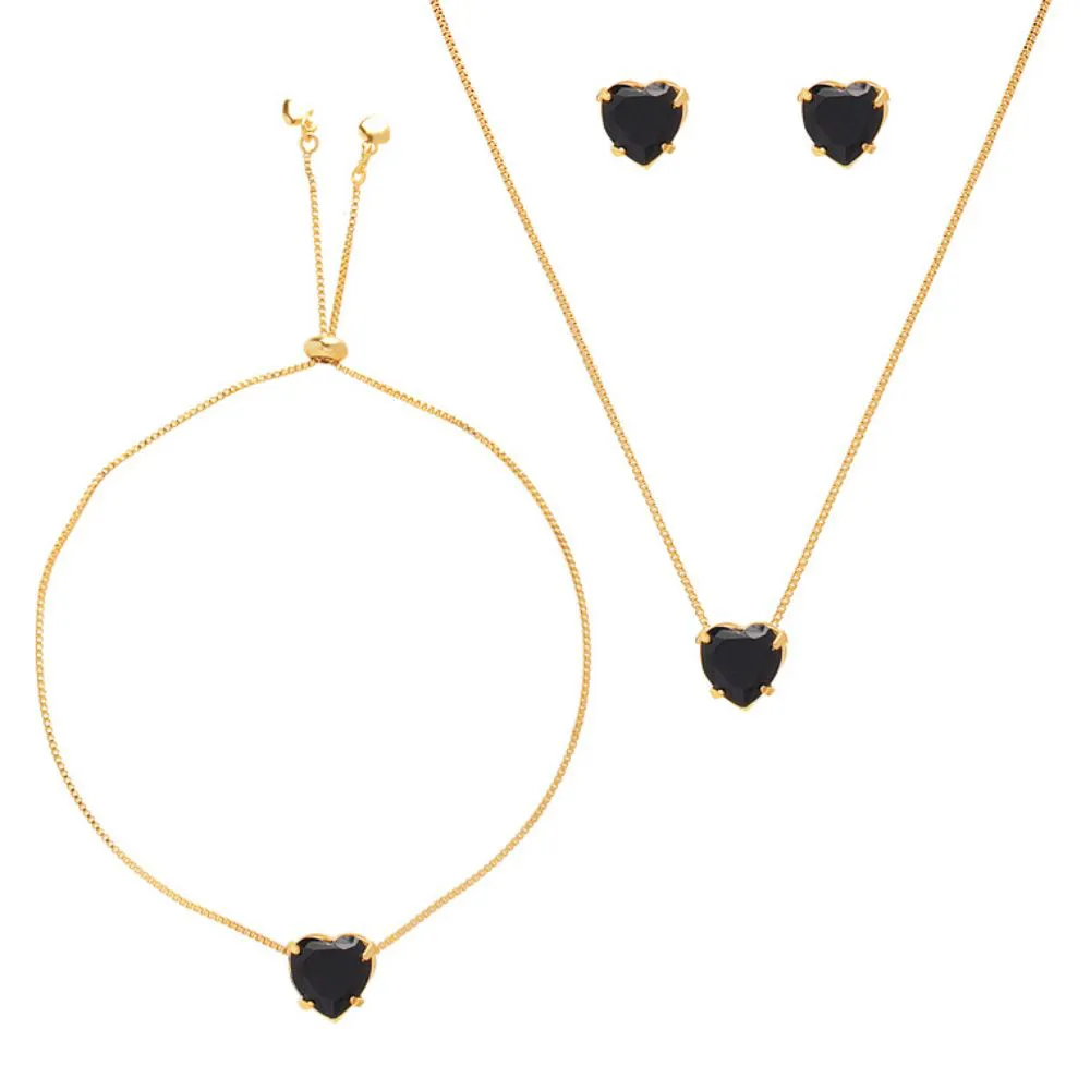 Conjunto Colar, Pulseira Gravatinha E Brinco De Coração Pedra Preta Folheado A Ouro 18k - Imagem 2