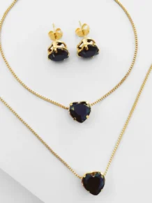 Conjunto Colar, Pulseira Gravatinha E Brinco De Coração Pedra Preta Folheado A Ouro 18k