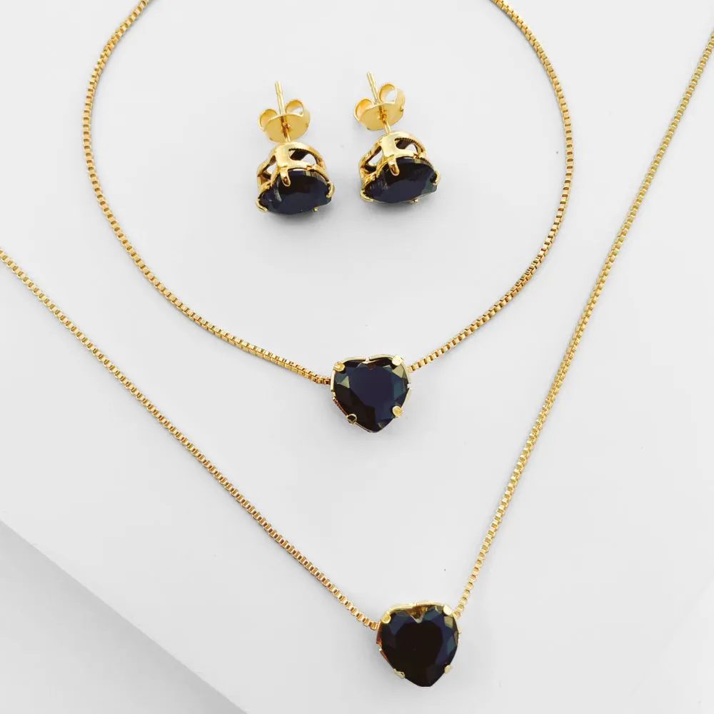 Conjunto Colar, Pulseira Gravatinha E Brinco De Coração Pedra Preta Folheado A Ouro 18k