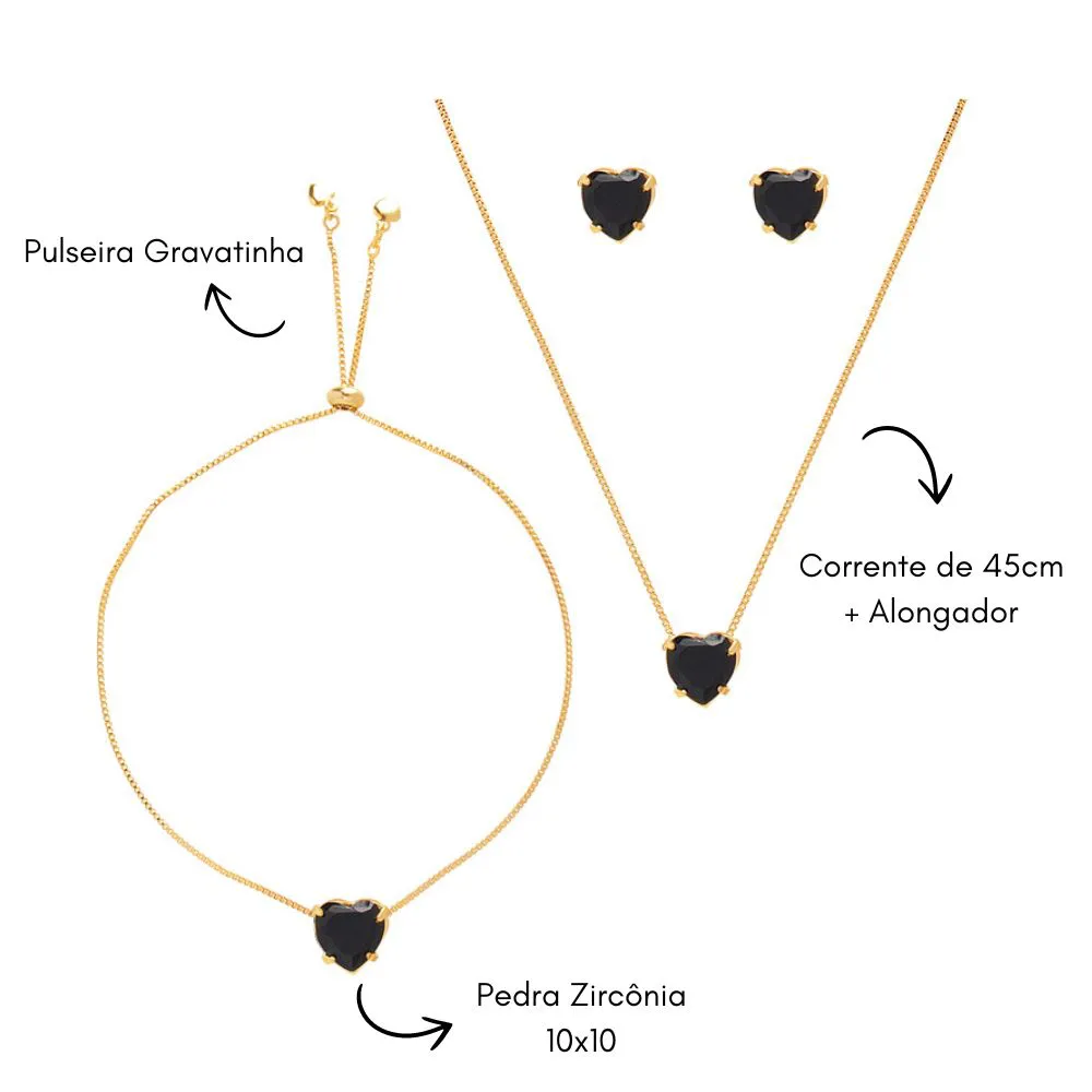Conjunto Colar, Pulseira Gravatinha E Brinco De Coração Pedra Preta Folheado A Ouro 18k - Imagem 4