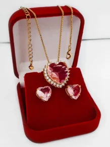 Conjunto Barbie Coração Pedra Rosa Zircônia Folheado A Ouro 18k