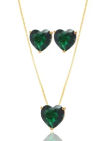 Conjunto Colar E Brinco De Coração Pedra Fusion Verde Folheado A Ouro 18k