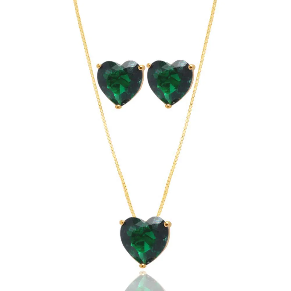 Conjunto Colar E Brinco De Coração Pedra Fusion Verde Folheado A Ouro 18k