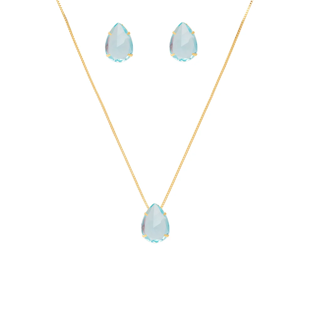 Conjunto Colar E Brinco Gota Pedra Azul Claro Folheado Ouro 18k - Imagem 5