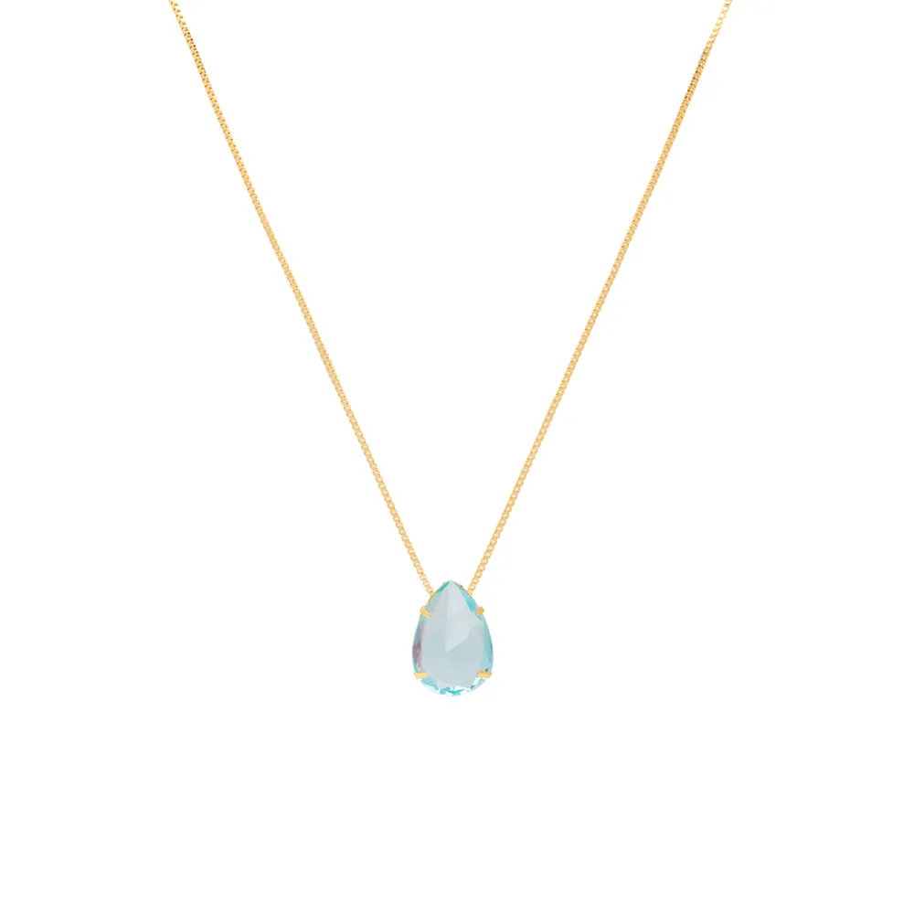 Conjunto Colar E Brinco Gota Pedra Azul Claro Folheado Ouro 18k - Imagem 3
