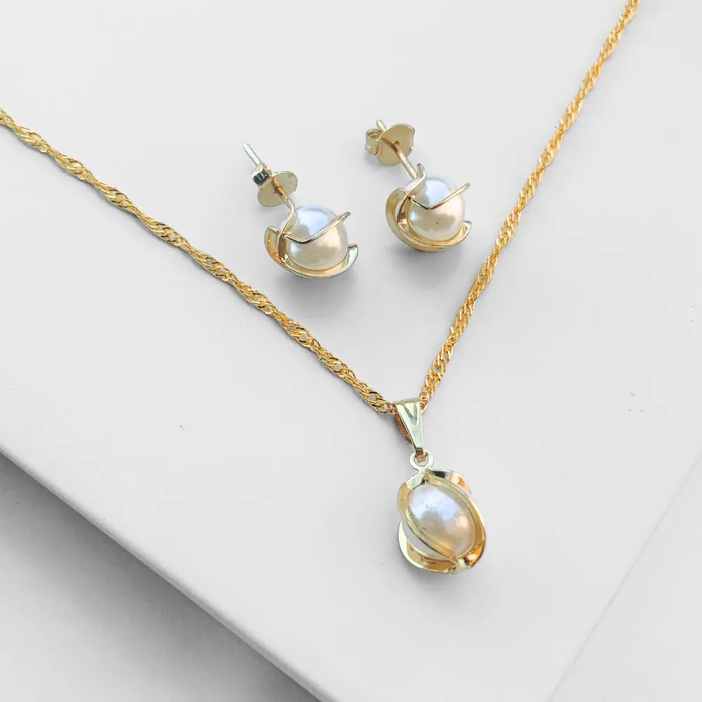 Conjunto Colar E Brinco Pérola Folheado A Ouro 18k