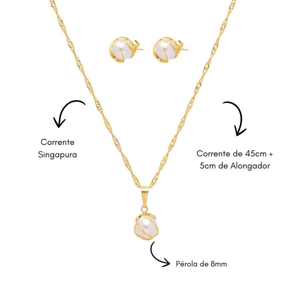 Conjunto Colar E Brinco Pérola Folheado A Ouro 18k - Imagem 8