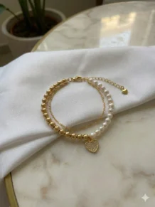 Pulseira Madrinha Bolinhas E Pérolas Folheado A Ouro 18k