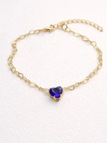 Pulseira Madrinha Elo Pedra Coração Zirconia Azul Folheado A Ouro 18k