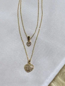 Colar Duplo Coração Cheio Folheado A Ouro 18k