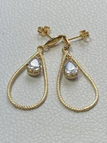 Brinco Com Pedra Gota Cristal Folheado em Ouro 18k
