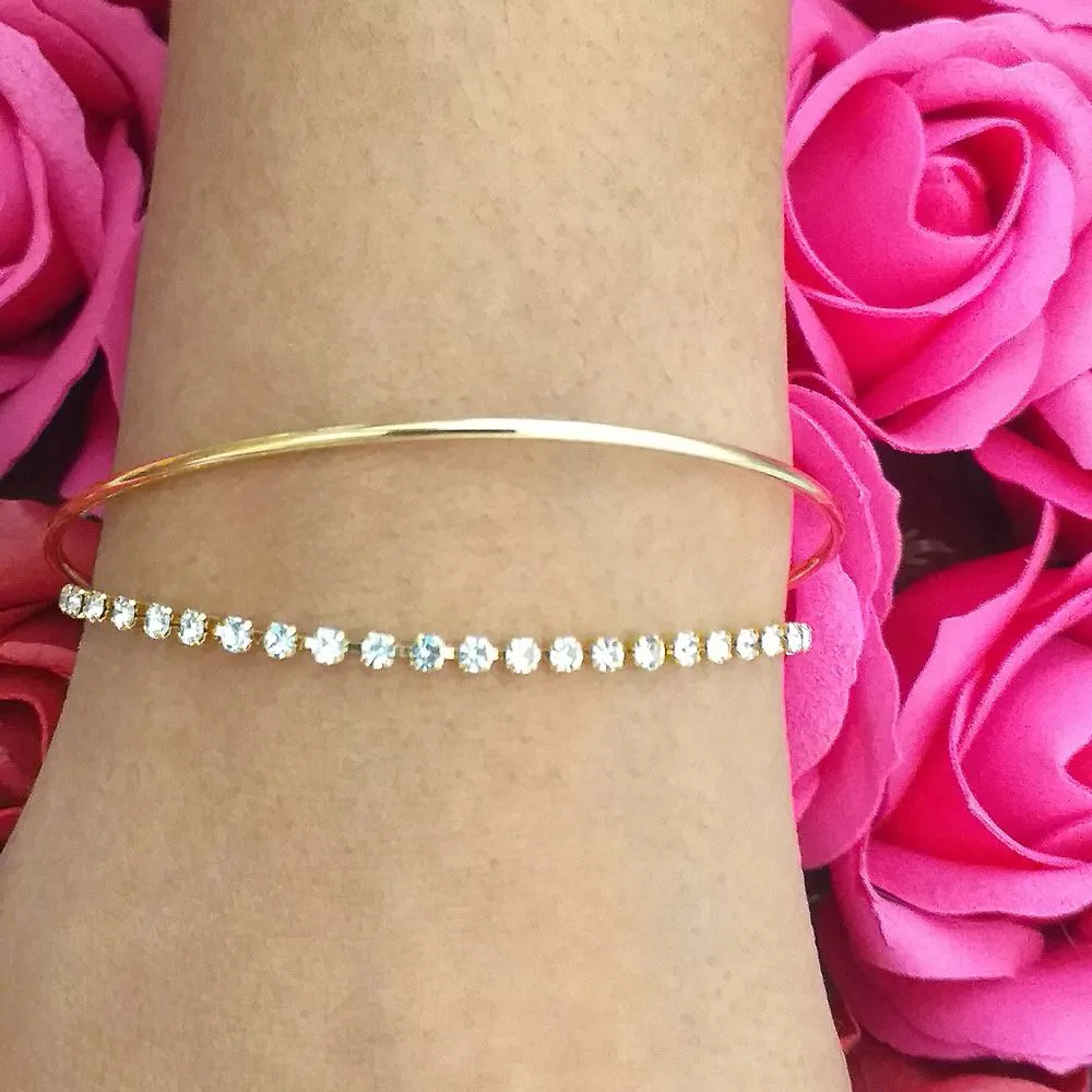 Pulseira Bracelete Com Strass Casamento Folheado A Ouro 18k - Imagem 2