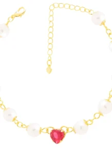 Pulseira Madrinha Coração Pequeno Com Pérola Folheado A Ouro 18k
