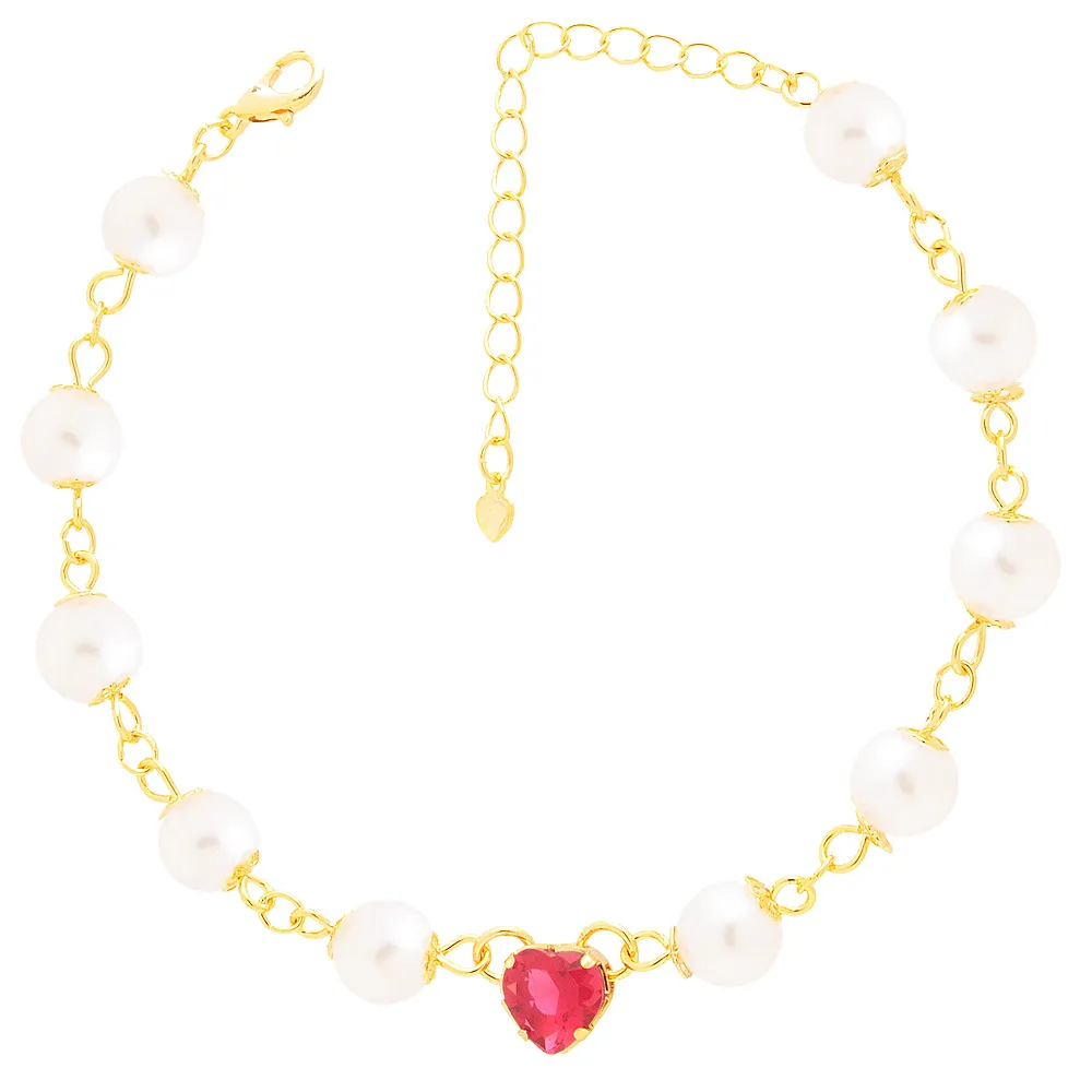 Pulseira Madrinha Coração Pequeno Com Pérola Folheado A Ouro 18k