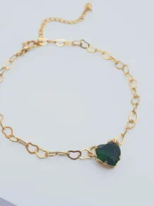 Pulseira Madrinha Elo Pedra Coração Zirconia Verde Folheado A Ouro 18k