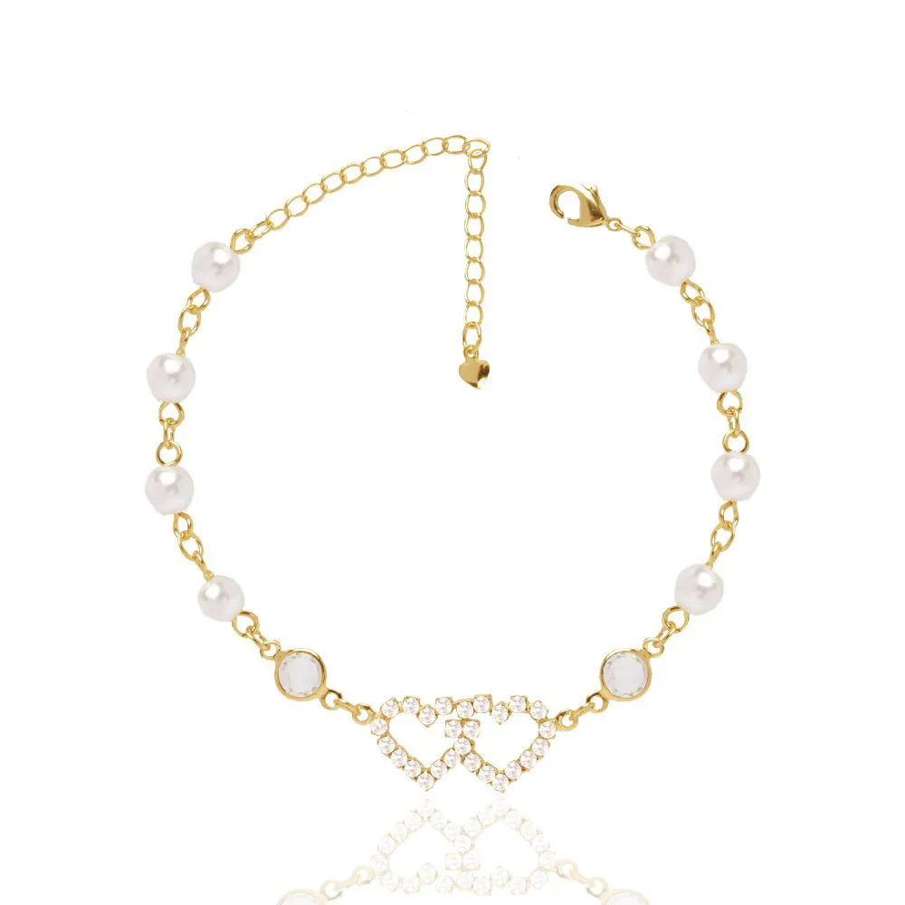 Pulseira Madrinha Pérolas Com Cristais Folheado A Ouro 18K