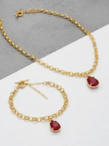 Conjunto Choker E Pulseira Pedra Fusion Rubi Folheado A Ouro 18k