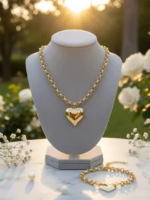 Conjunto Choker e Pulseira Coração Chapa Folheado A Ouro 18k